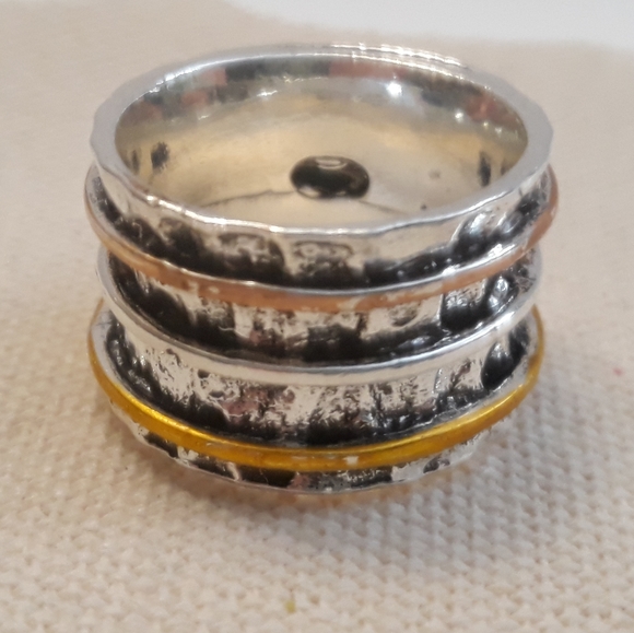 Stacked Sterling Silver/Hammered Turquoise Band Ring (6, 7, 8, 9, 10, 11) - Picture 5 of 7